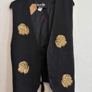 Vintage Streetwear embroidered Retro Animal Print Men Black Gold Vest Med -Large